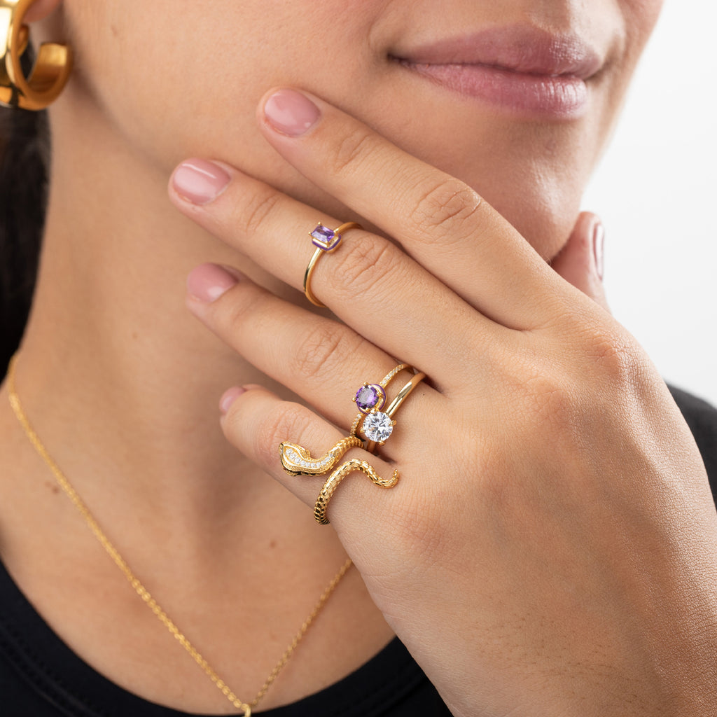 Anillo Rectangular - Circonita - Enamel - Bañado Oro
