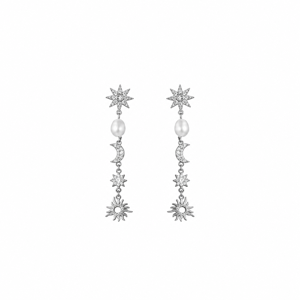 Pendientes Minerales Perla - Luna Estrella Sol 52 mm - - Bañado oro y Plata Rodiada