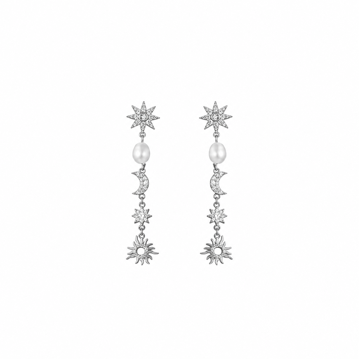 Pendientes Minerales Perla - Luna Estrella Sol 52 mm - - Bañado oro y Plata Rodiada
