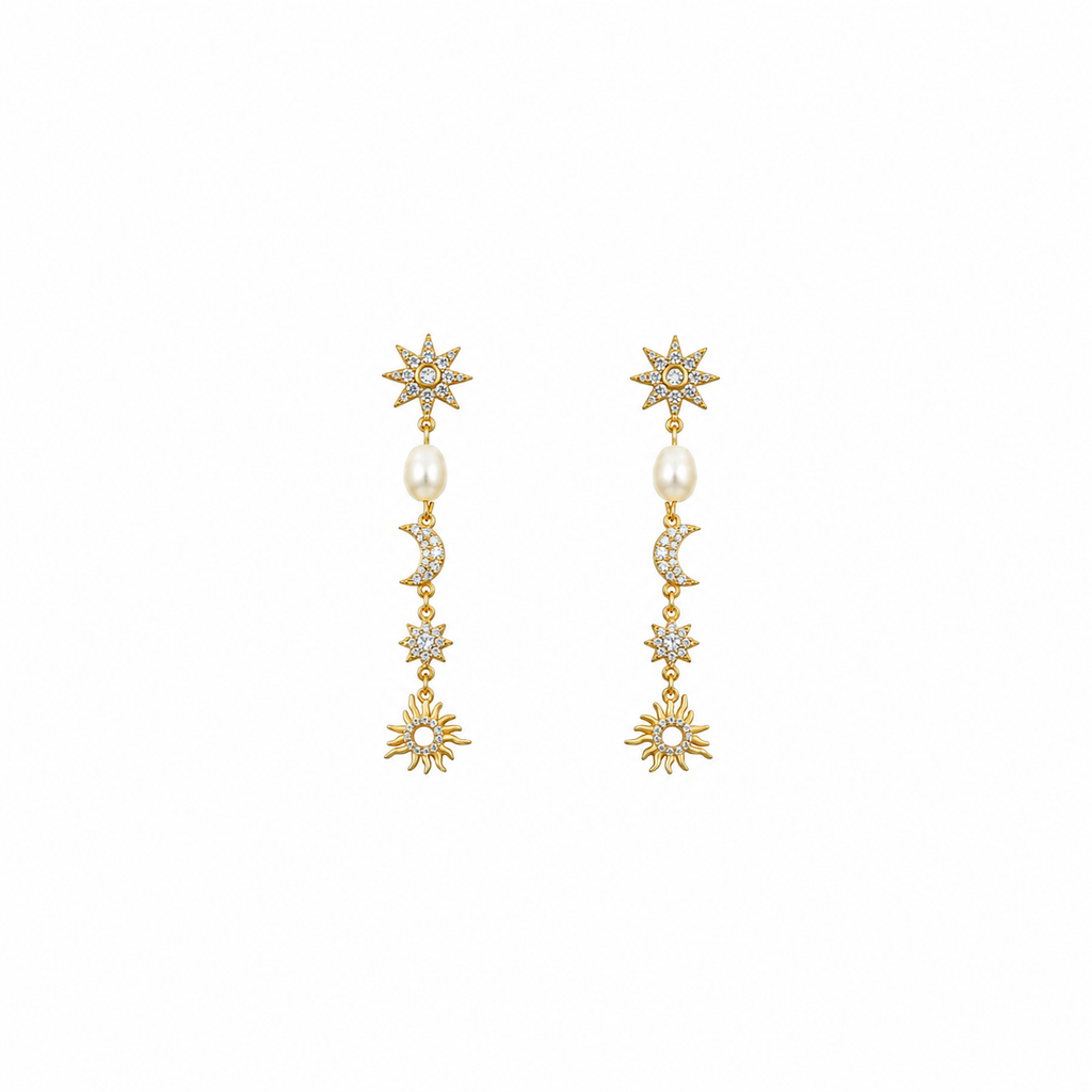 Pendientes Minerales Perla - Luna Estrella Sol 52 mm - - Bañado oro y Plata Rodiada