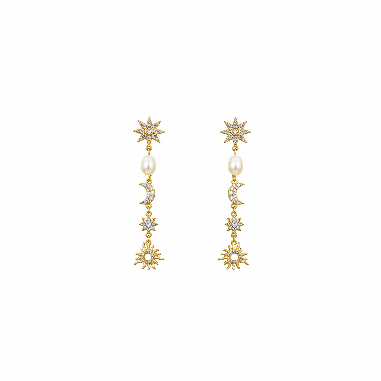 Pendientes Minerales Perla - Luna Estrella Sol 52 mm - - Bañado oro y Plata Rodiada