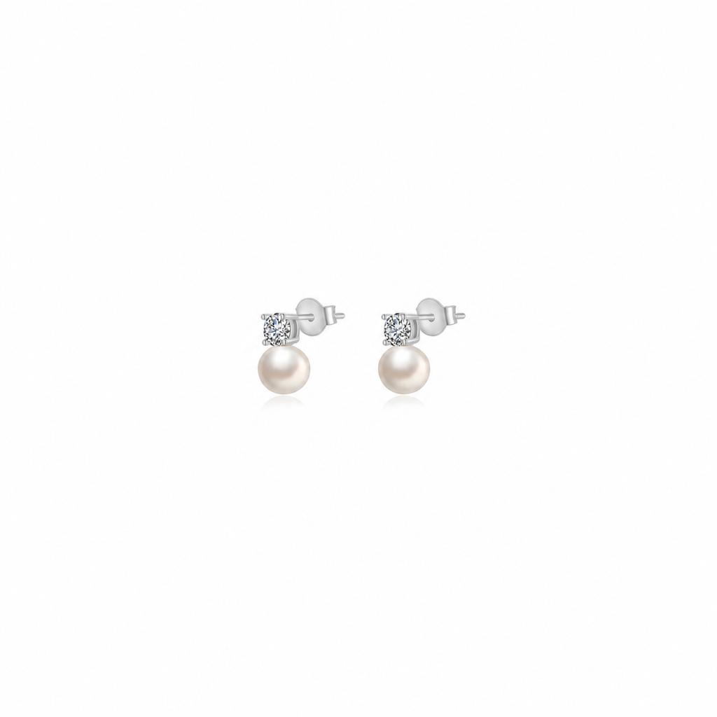 Pendientes Minerales Perla Cultivada - Circonita Blanca - 10 mm - Bañado oro y Plata Rodiada