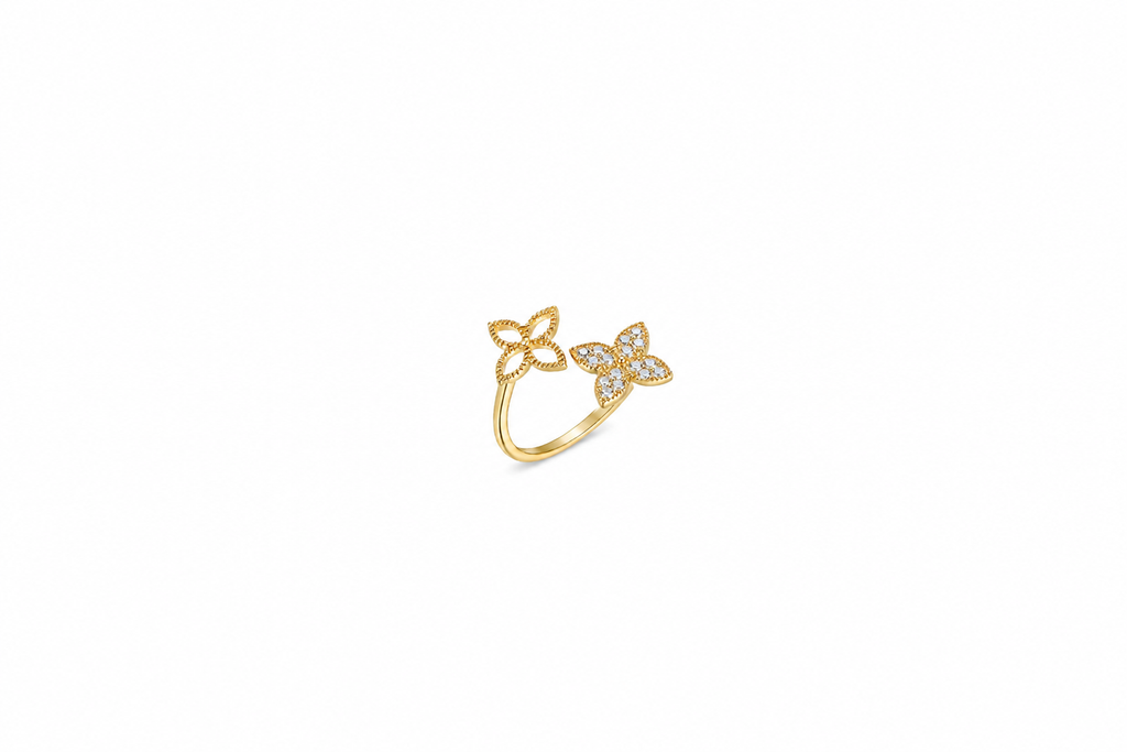 Anillo plata 925 dos flores abierto con zirconitas
