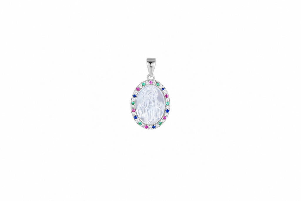 Colgante plata 925 medalla virgen con zirconitas