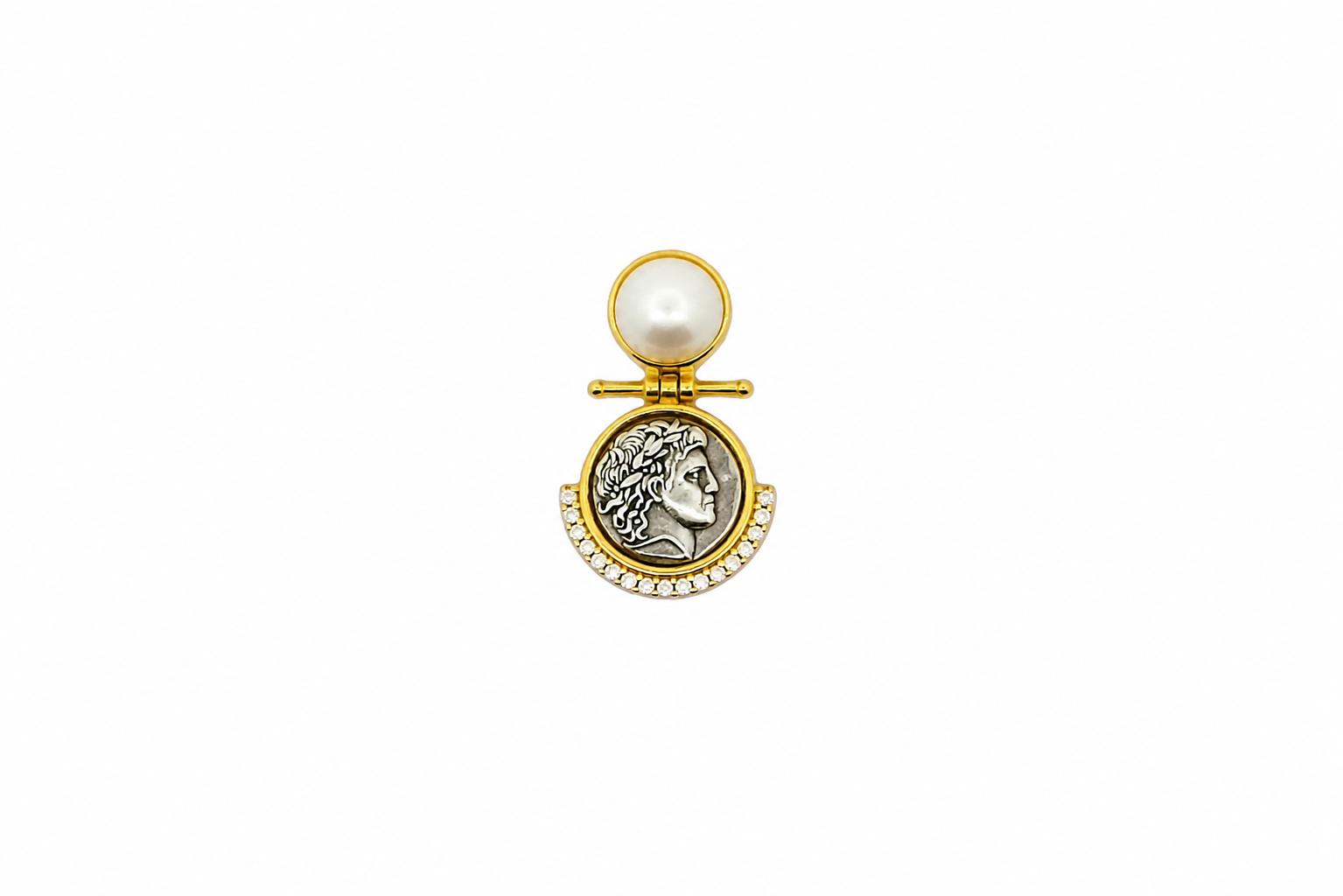 Colgante plata 925 moneda antigua romana con perla y zirconitas