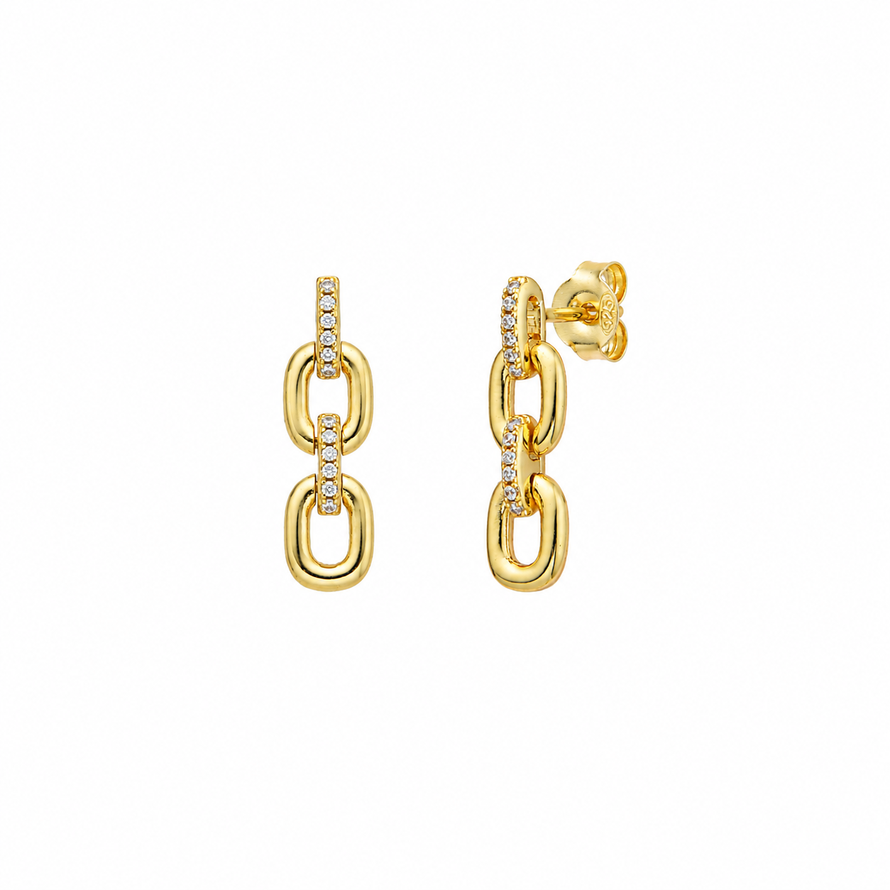 Pendientes Eslabón - Circonita Blanca - 20mm - Plata Bañado Oro y Plata Rodiada