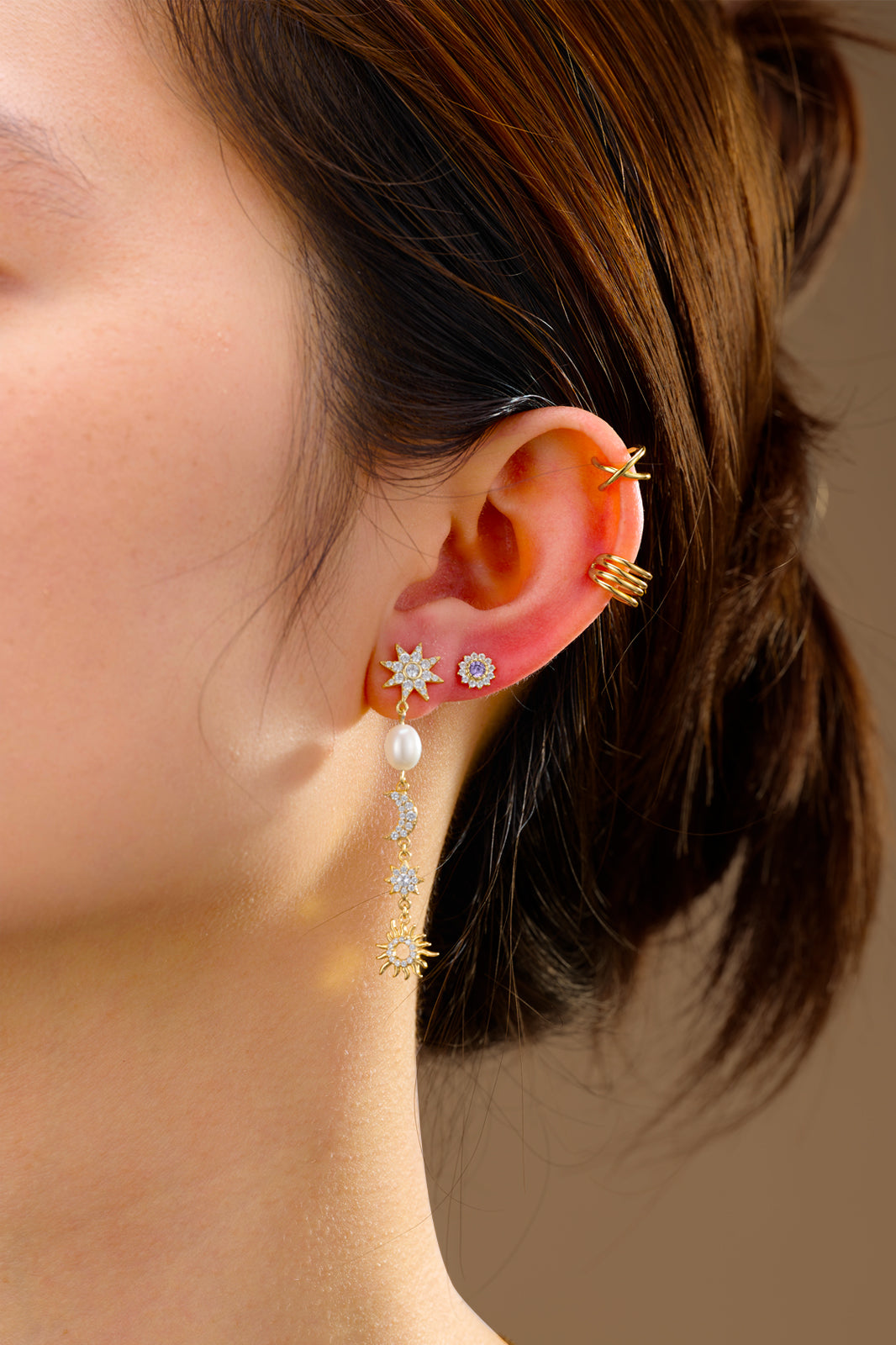 Pendientes Minerales Perla - Luna Estrella Sol 52 mm - - Bañado oro y Plata Rodiada