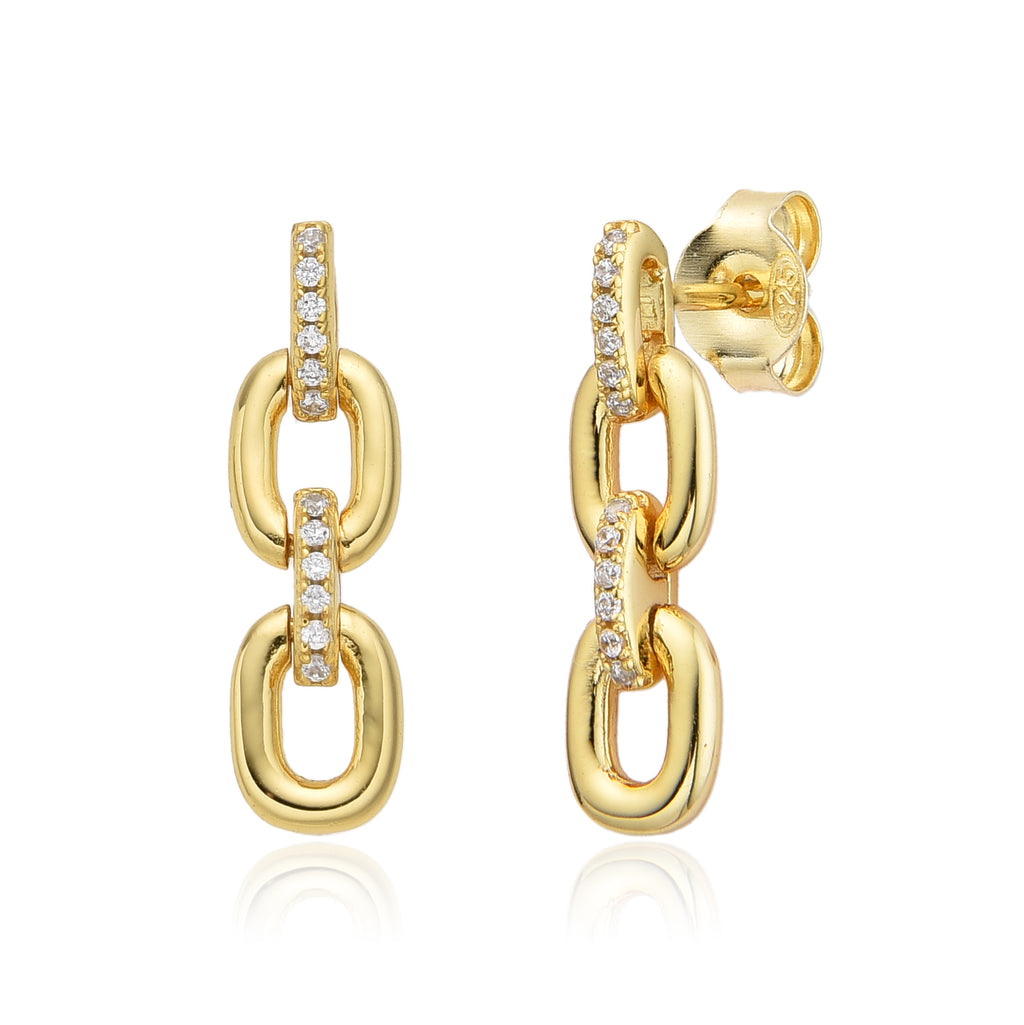 Pendientes Eslabón - Circonita Blanca - 20mm - Plata Bañado Oro y Plata Rodiada