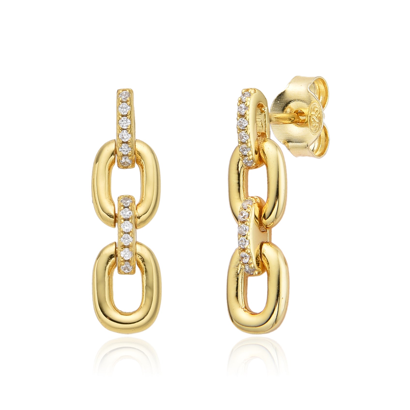 Pendientes Eslabón - Circonita Blanca - 20mm - Plata Bañado Oro y Plata Rodiada